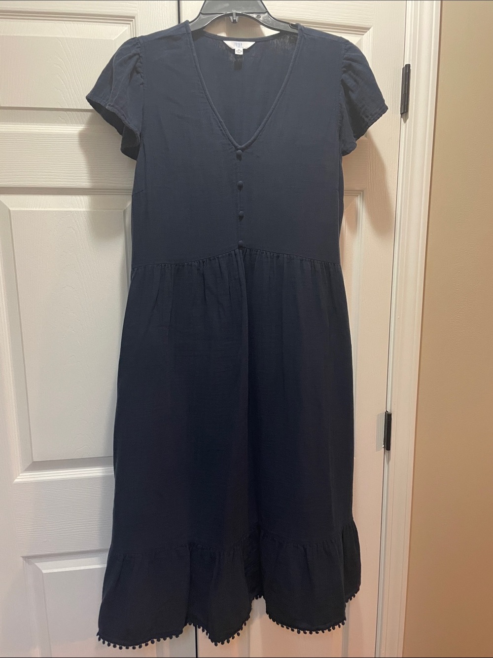 Time and Tru Navy V-Neck Midi Dress with Pom Hem